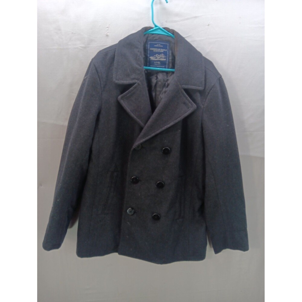American Eagle Mens Large Tall Black Wool Blend Peacoat Double Breasted Jacket